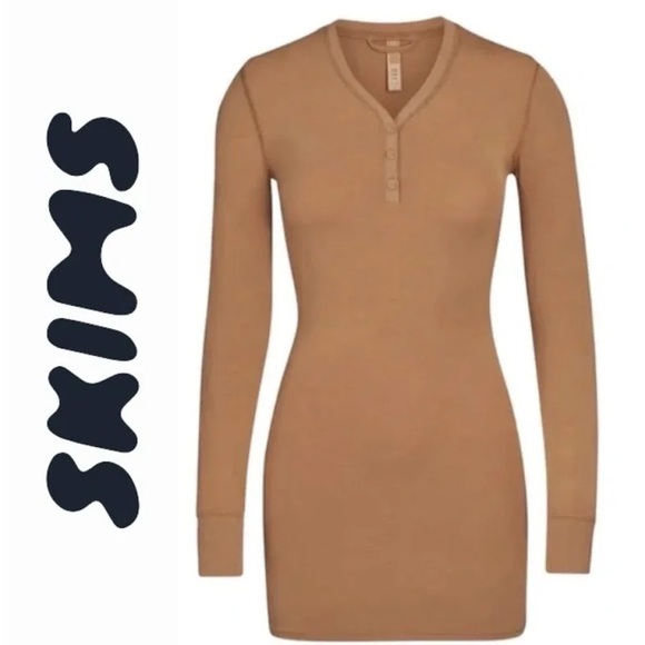 SKIMS Dresses & Skirts - SKIMS Sleep Henley Dress in Camel